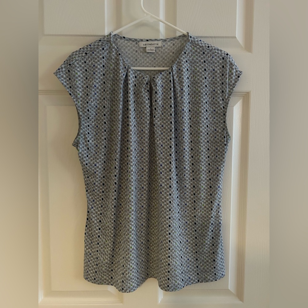 Liz Claiborne Light Blue, Gray & White Blouse